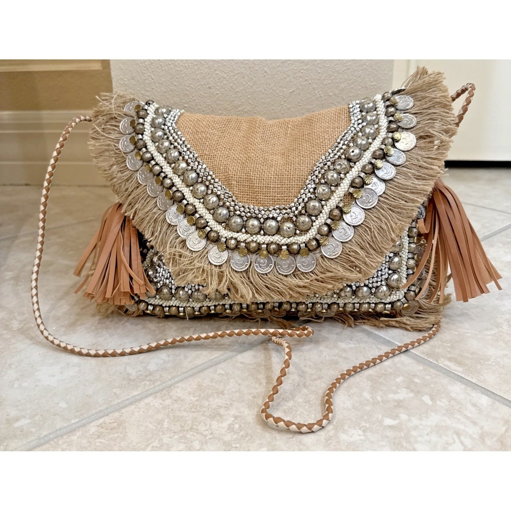 SHASHI Coin Fringe Embellished Burlap Crossbody Bag Purse Festival Artisan Boho